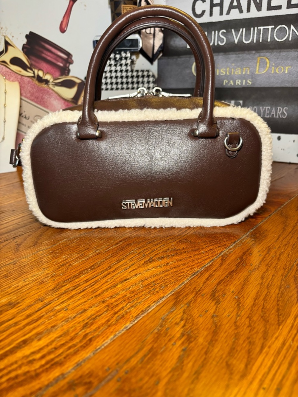 Steve Madden Brown Sherpa Trim Satchel Crossbody Bag – Like New